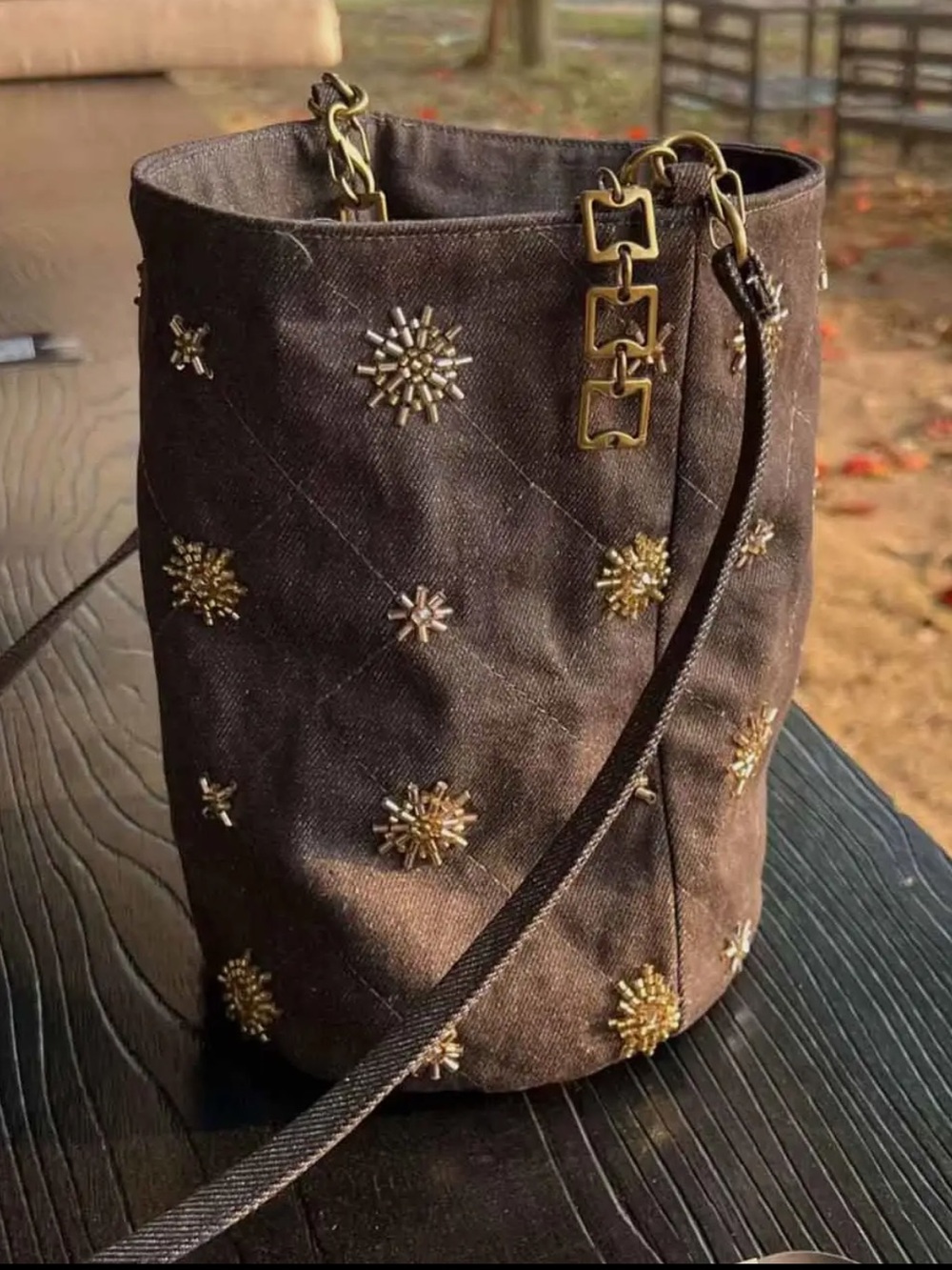 Brown Denim Chain-Handle Bucket Bag with Gold Embellishments - Picture 4 of 4